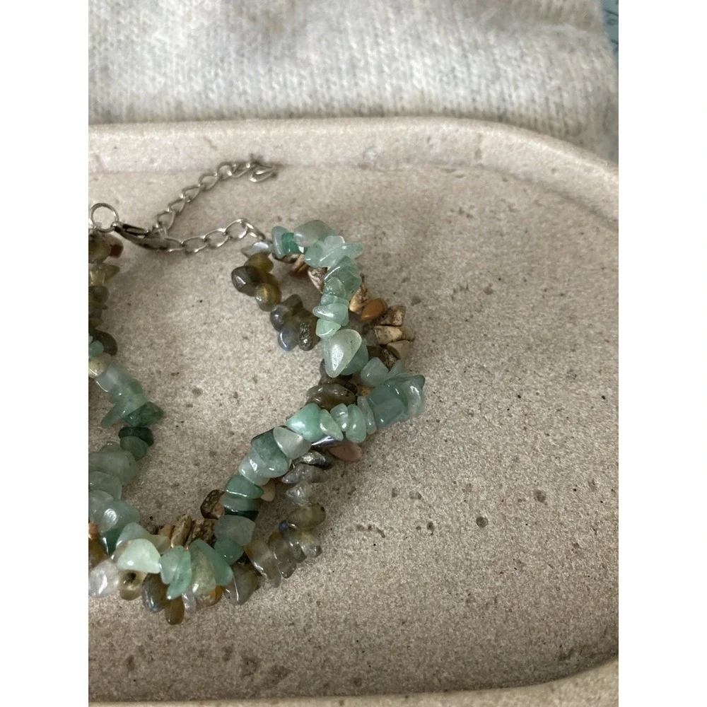 Natural Stone Chip Bead Bracelet Multi Strand Green Brown Semi Precious Gemstone